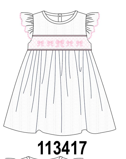 White Bow Smocked Jacquard Dress