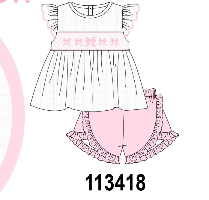 White Bow Smocked Jacquard Ruffle Shorts Set