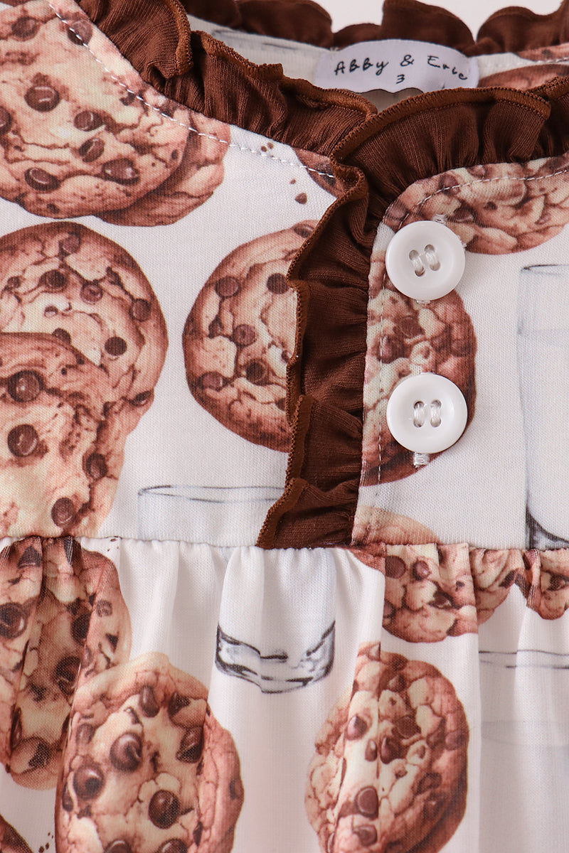 Brown Milk Cookie Print Ruffle Dress