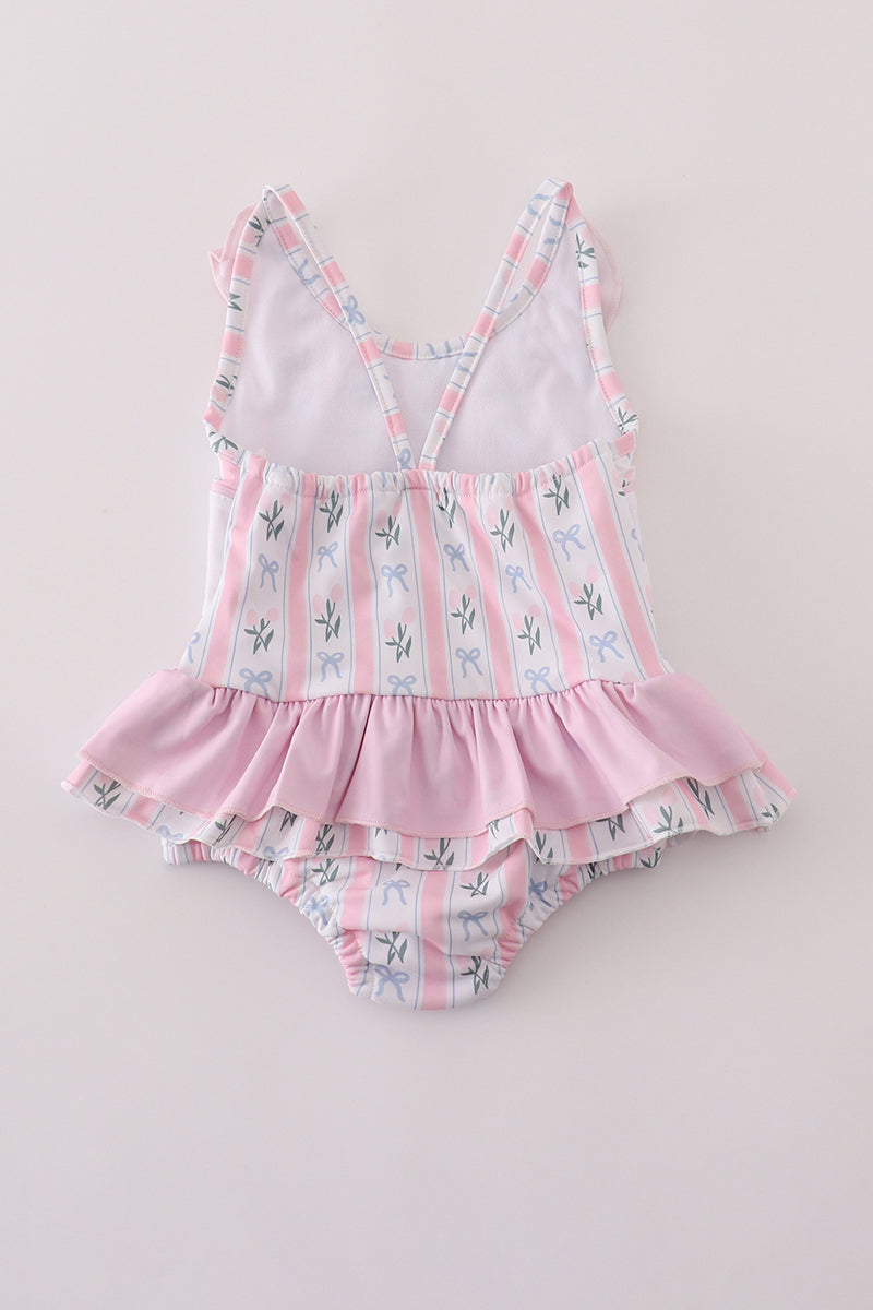 Pink bow embroidery swimsuit set UPF50+