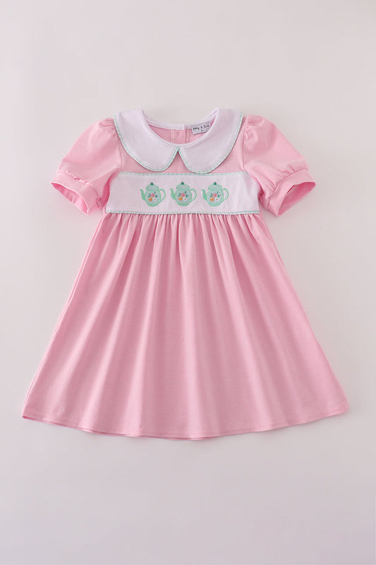 Pink teapot embroidery puff sleeve dress