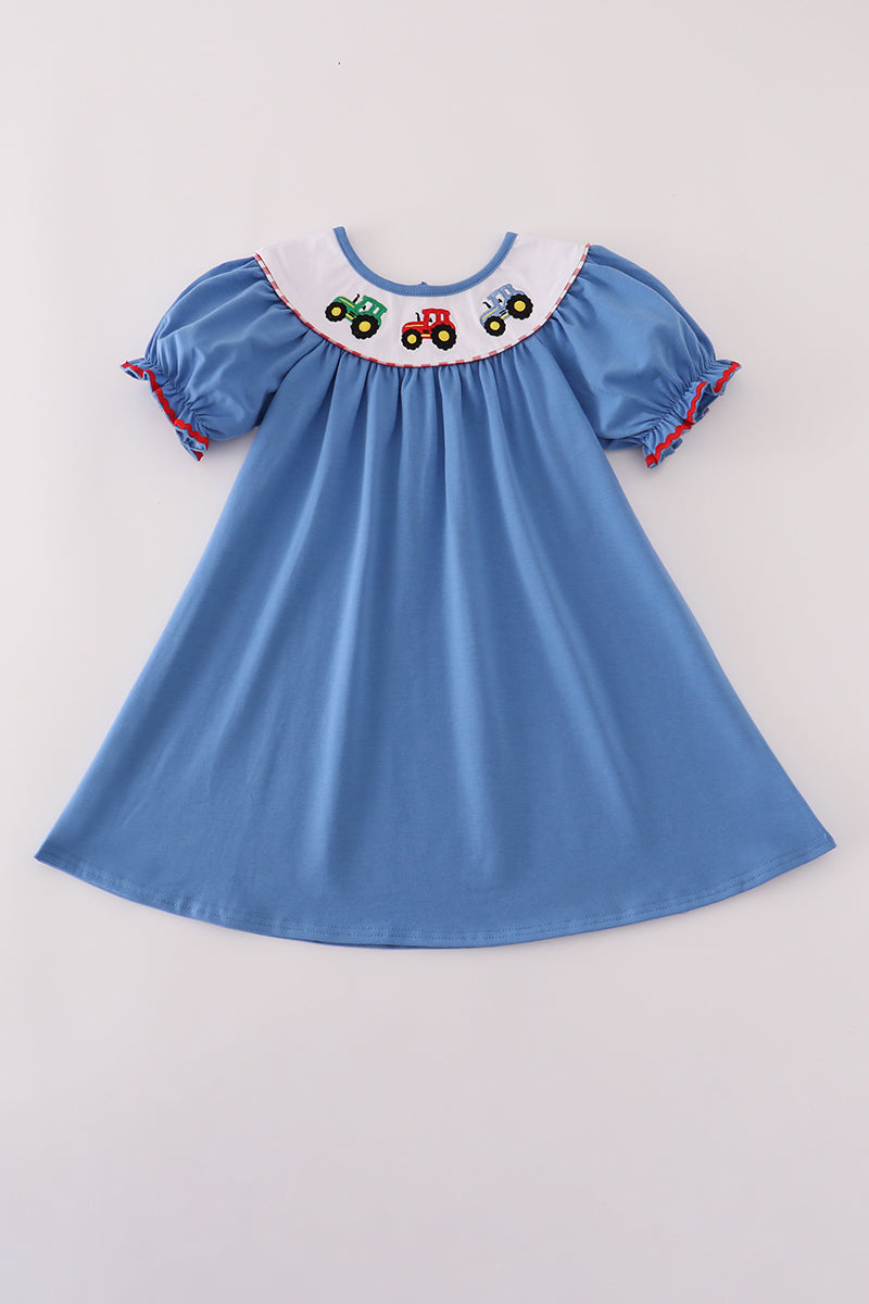 Blue tractor embroidery dress