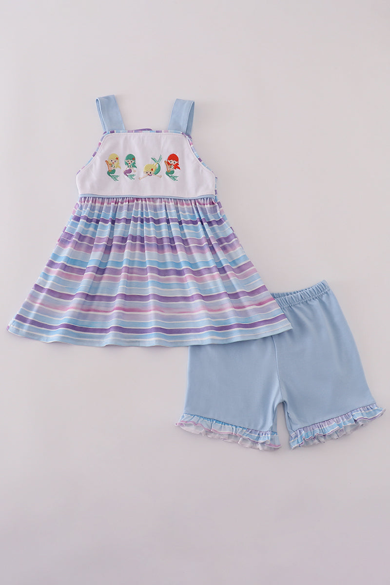 Purple stripe mermaid embroidery ruffle shorts set