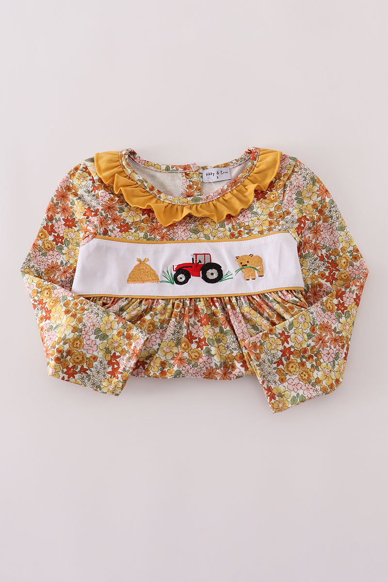 Highland cow embroidery ruffle pants set