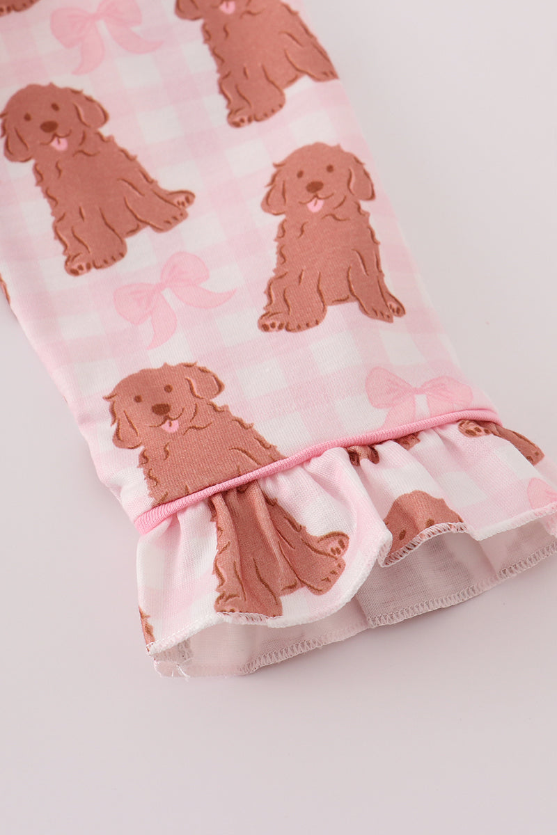 Pink puppy bow print ruffle pajamas set