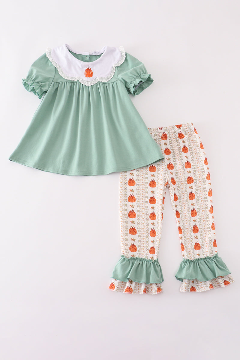 Green pumpkin bow embroidery ruffle pants set