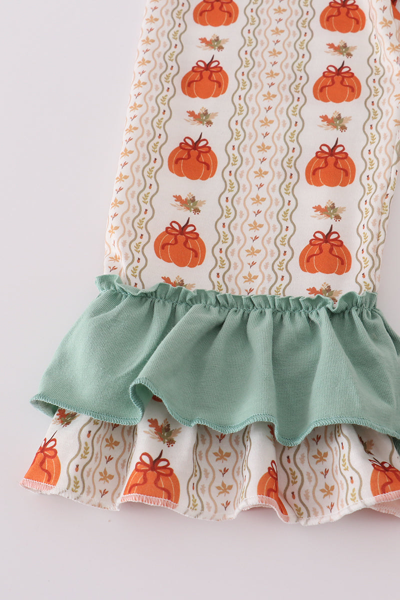 Green pumpkin bow embroidery ruffle pants set