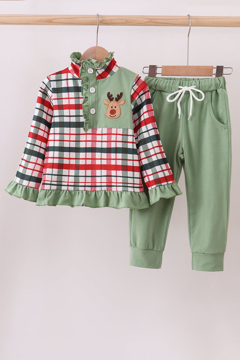 Green christmas reindeer applique pants set