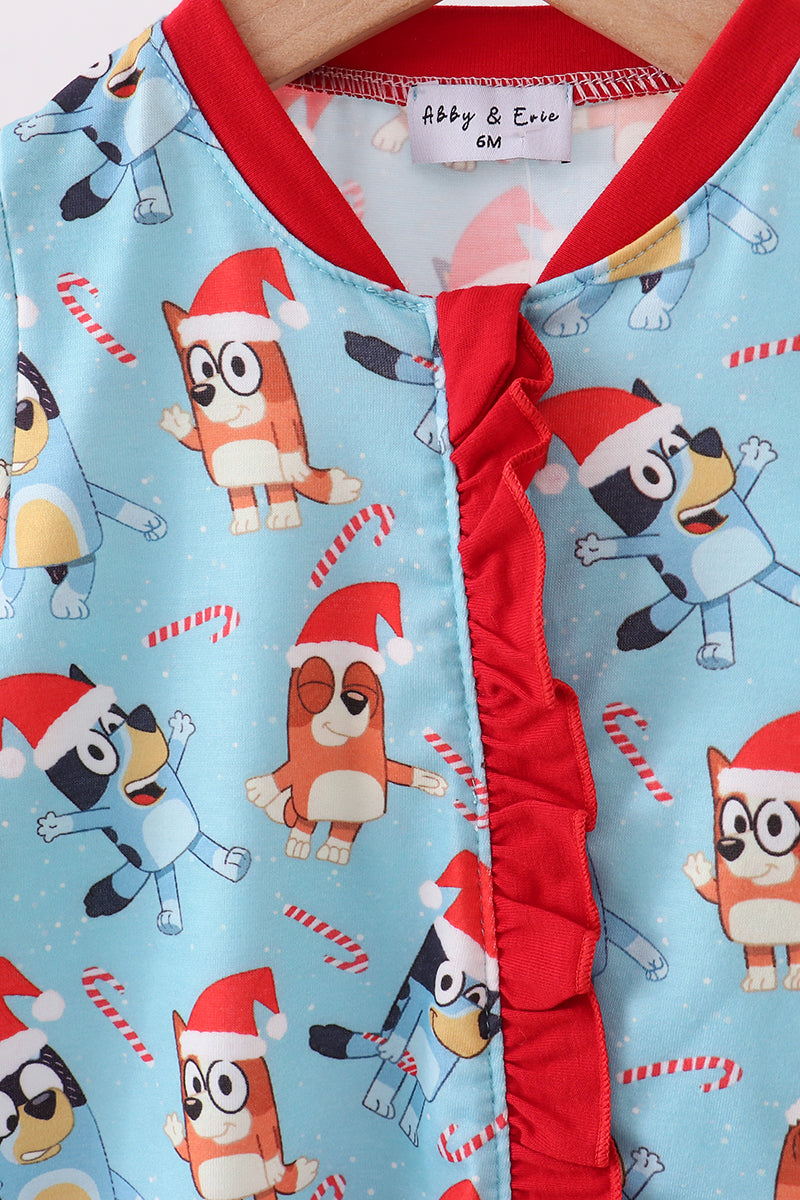 Blue christmas character print ruffle romper