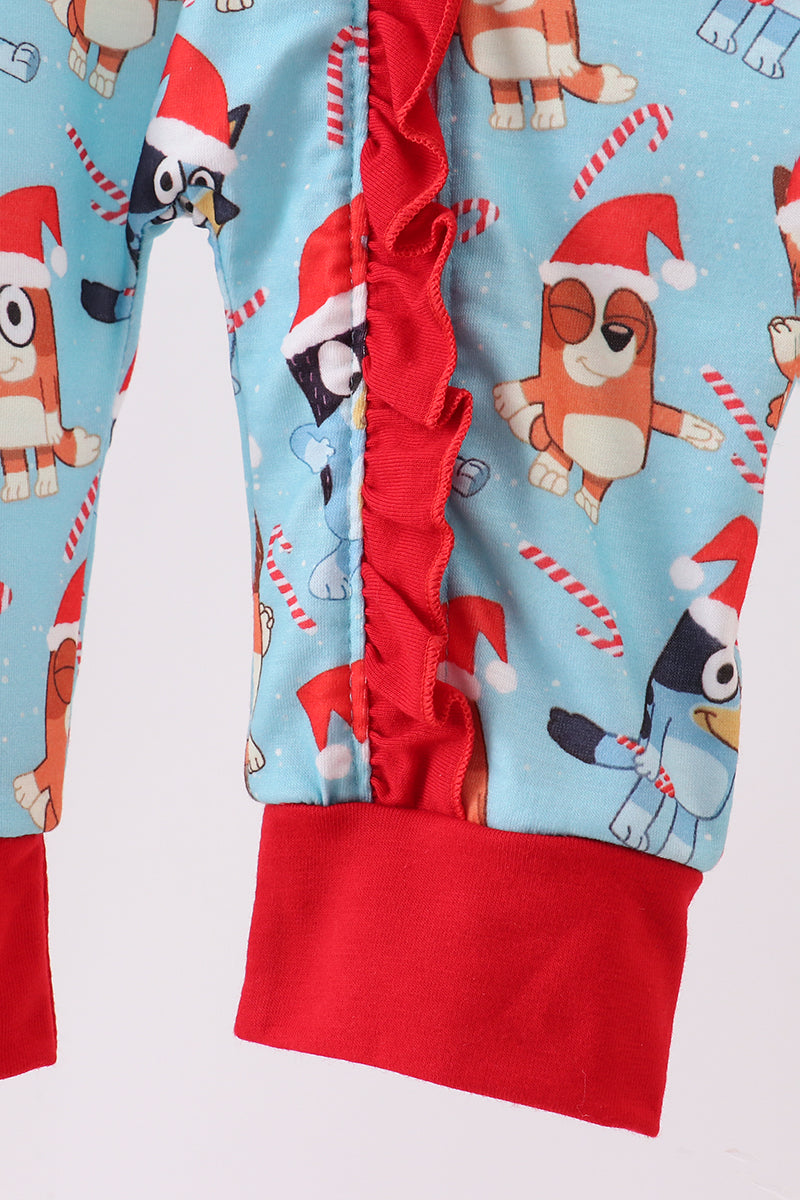 Blue christmas character print ruffle romper