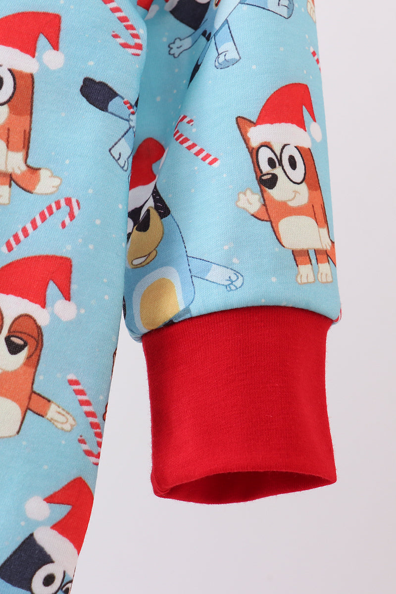 Blue christmas character print ruffle romper