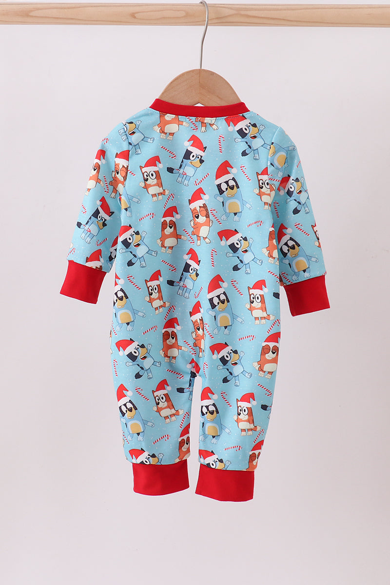 Blue christmas character print ruffle romper