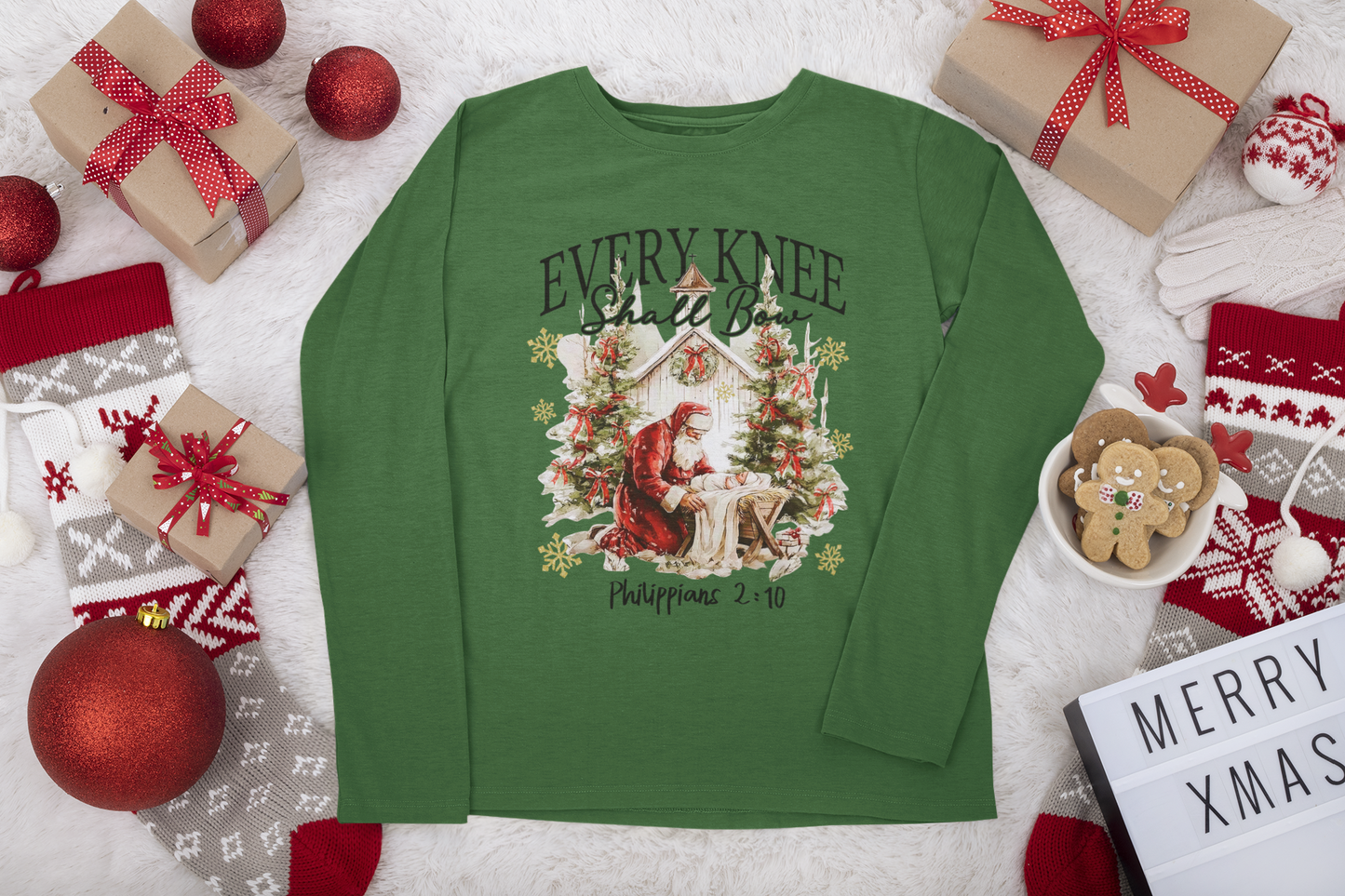 Every Knee Shall Bow long sleeve Christmas Shirt