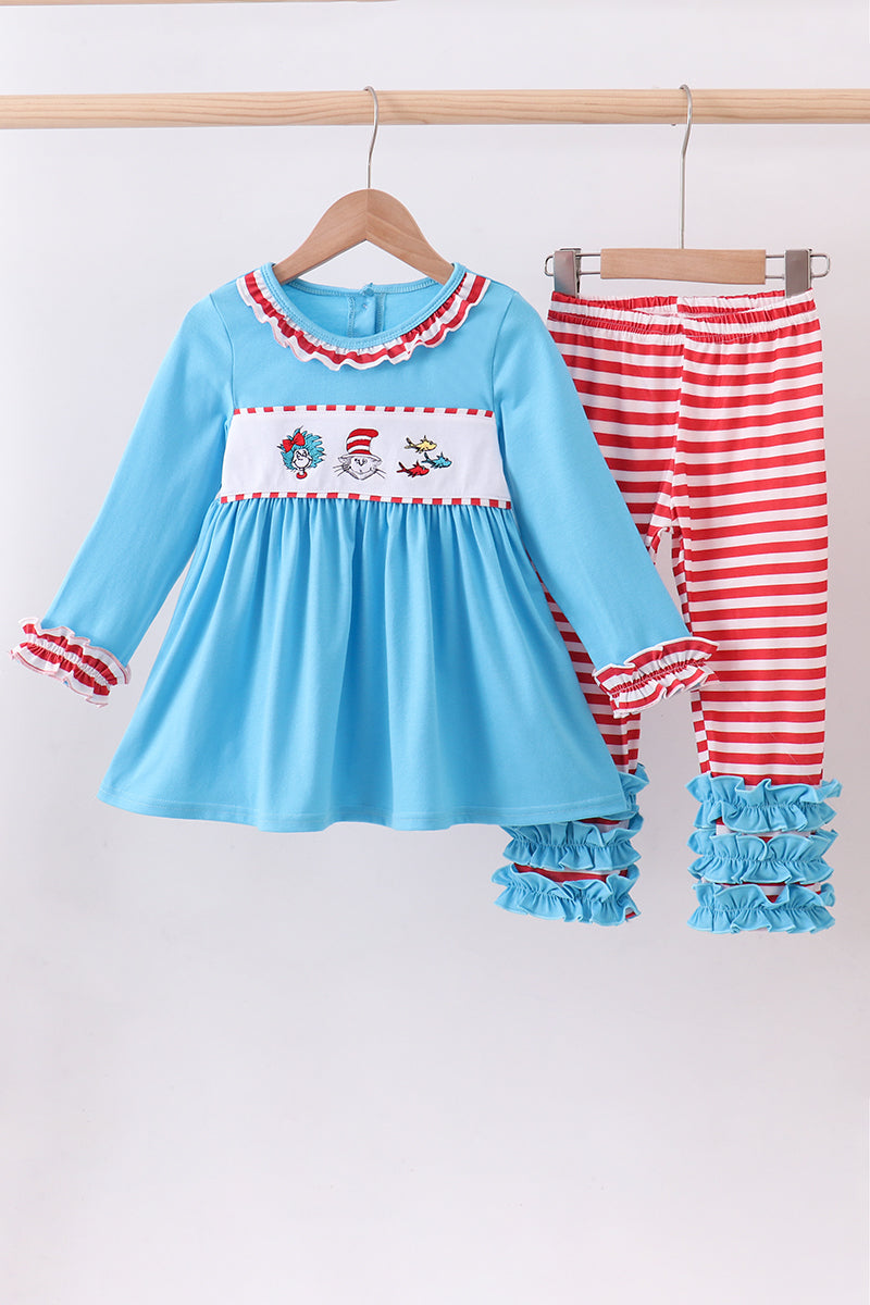 Blue character embroidery pants set