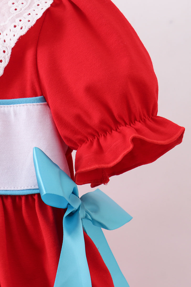 Red character embroidery bow dress