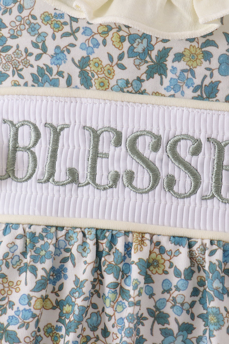 Sage Floral Blessed Smocked Ruffle Bubble