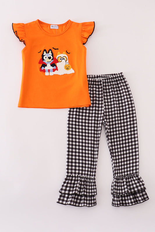 Orange halloween bluey french knot ruffle pants set