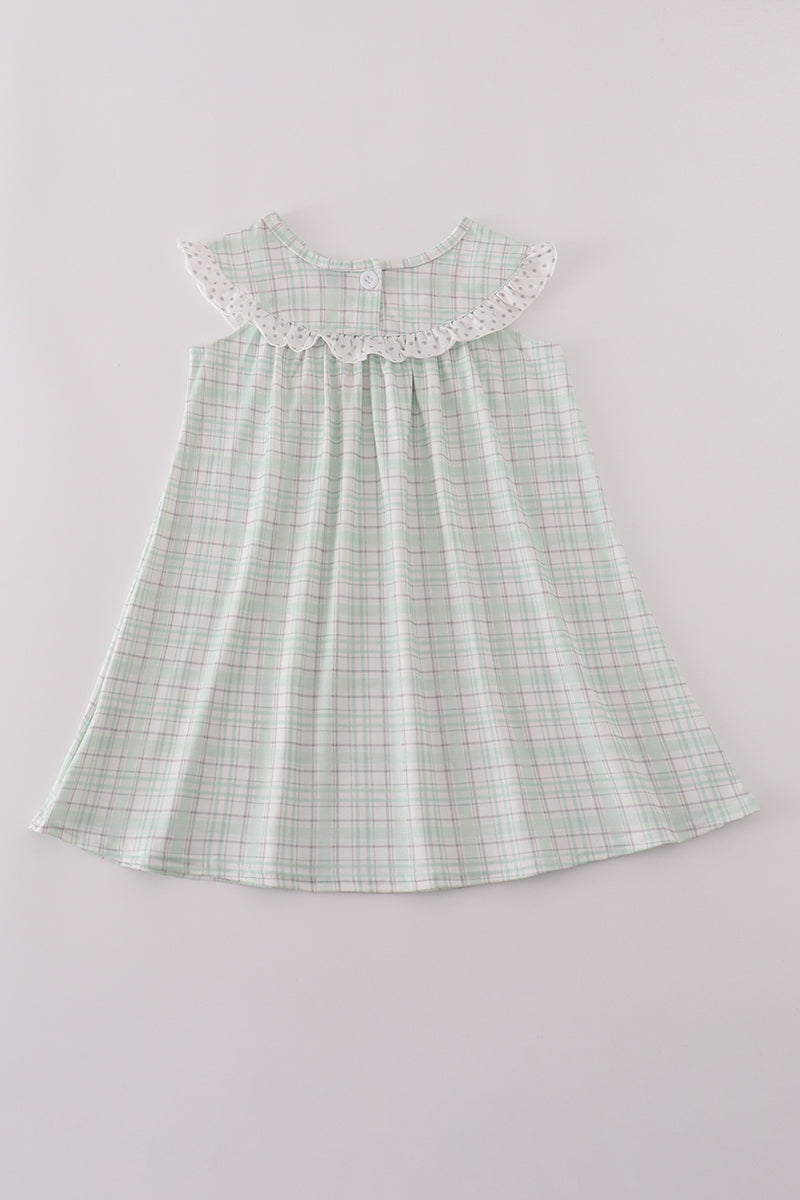 Green plaid sea shell french knot ruffle dress