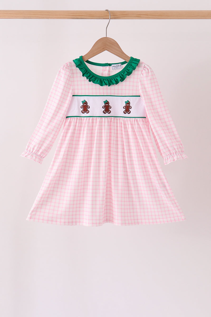 Pink Plaid Gingerbread Embroidery Ruffle Dress