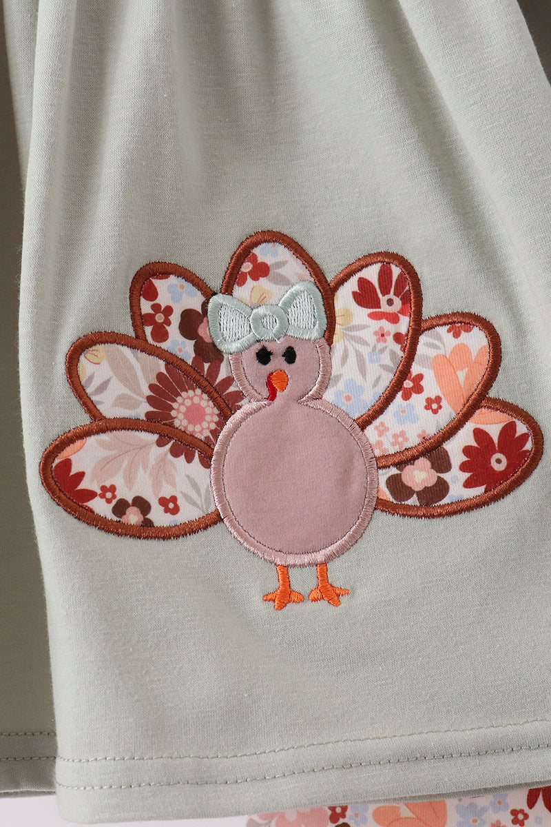 Sage Turkey Applique Ruffle Pants Set