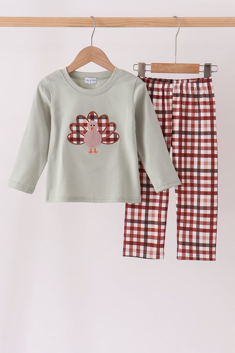 Sage Turkey Applique Plaid Pants Set