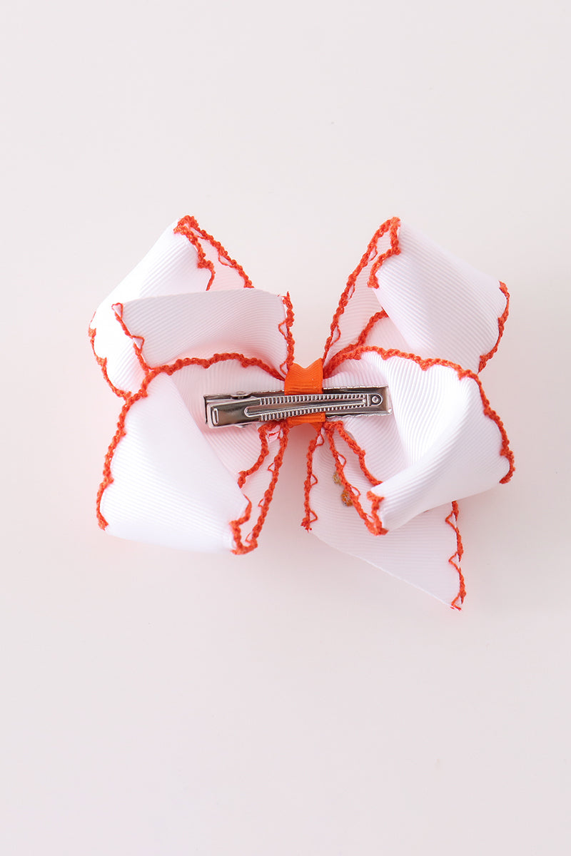 Rust turkey embroidery crochet edge hair bow