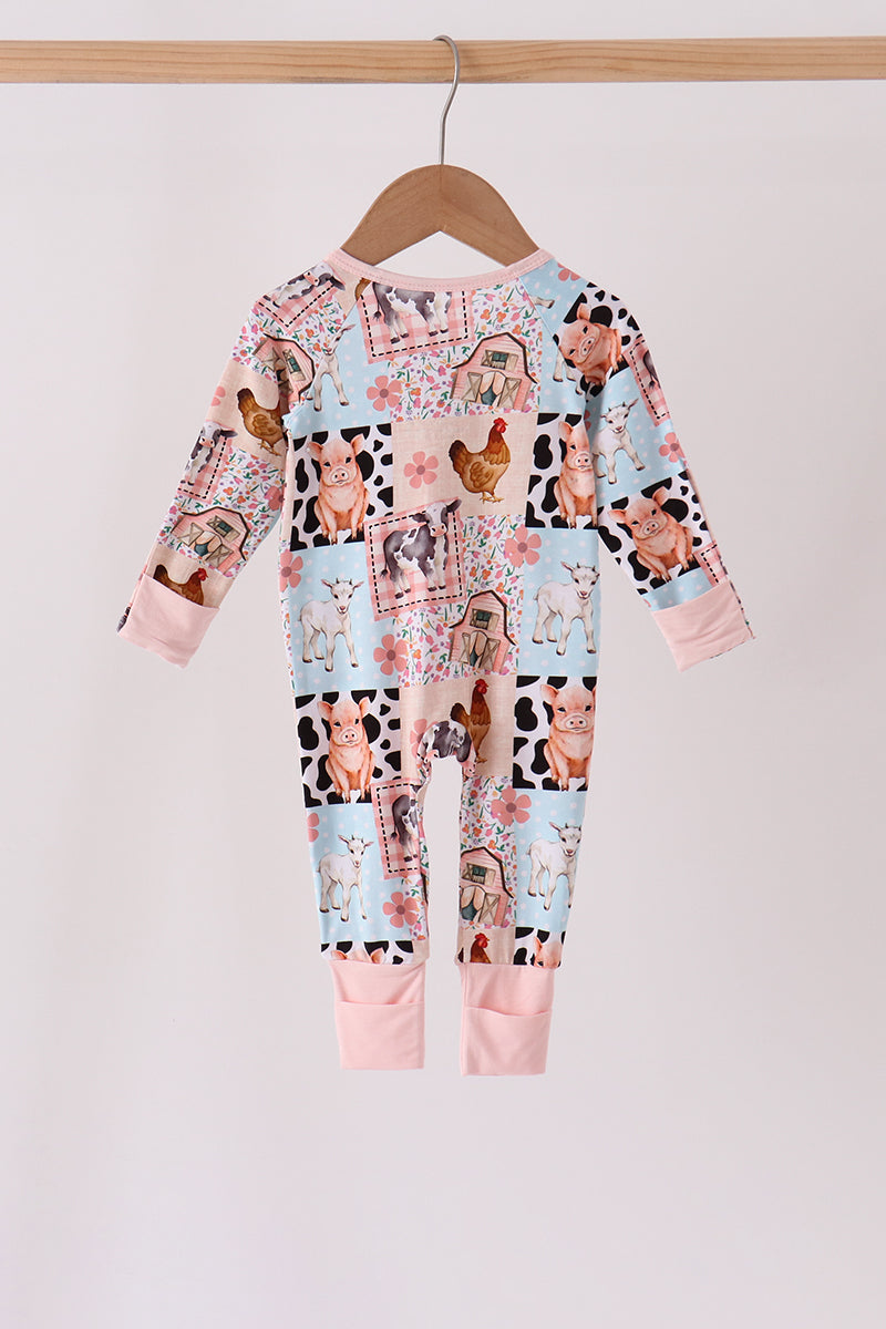 Pink Farm Animals Zip Bamboo Romper