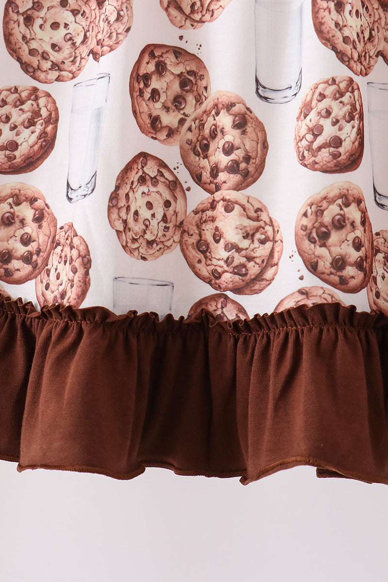 Brown Milk Cookie Print Ruffle Dress