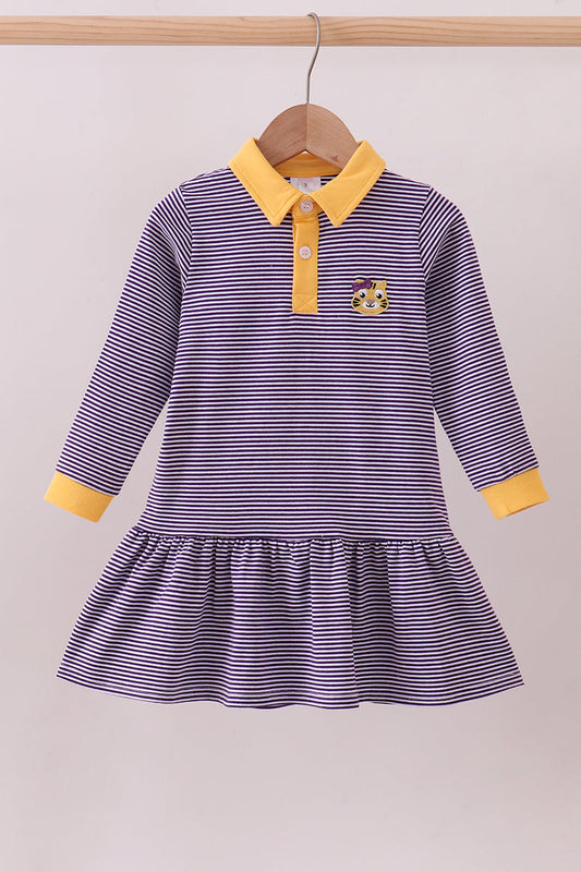 Premium Purple LSU stripe tiger embroidery dress