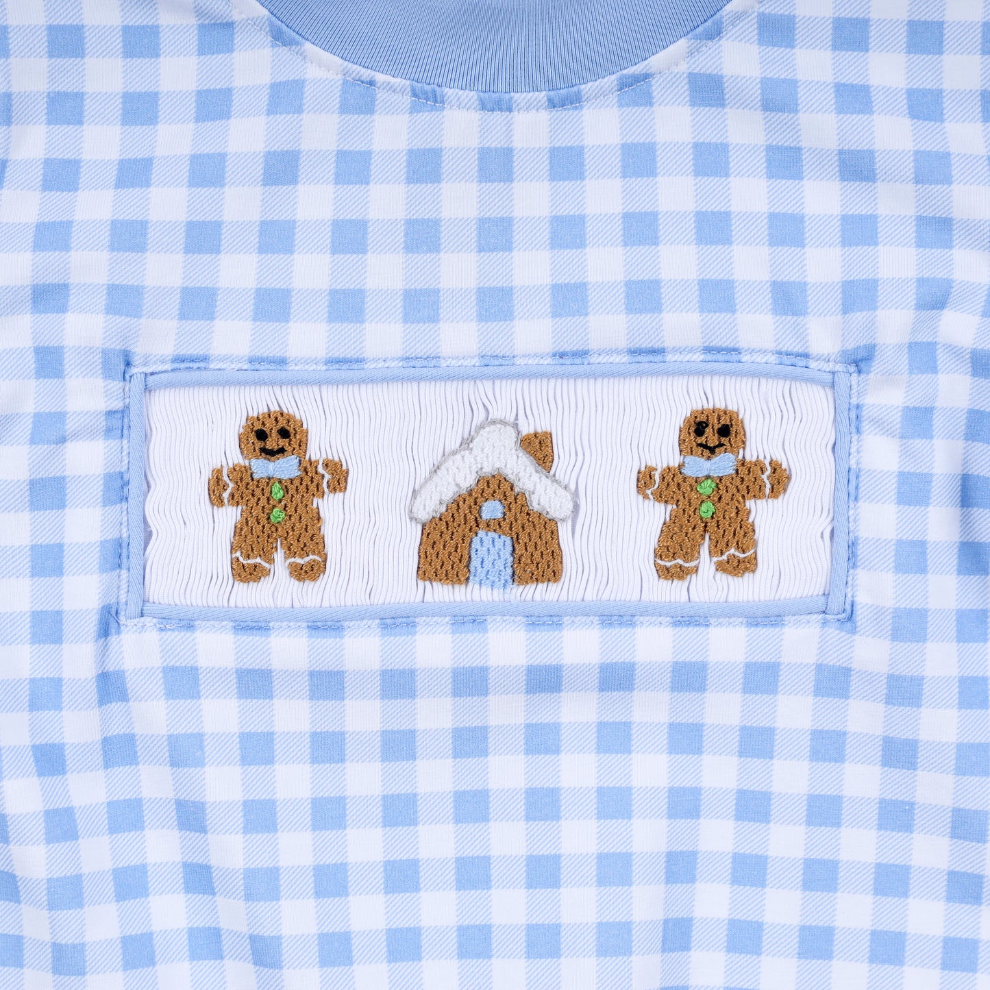 Blue gingerbread hand smocked gingham romper