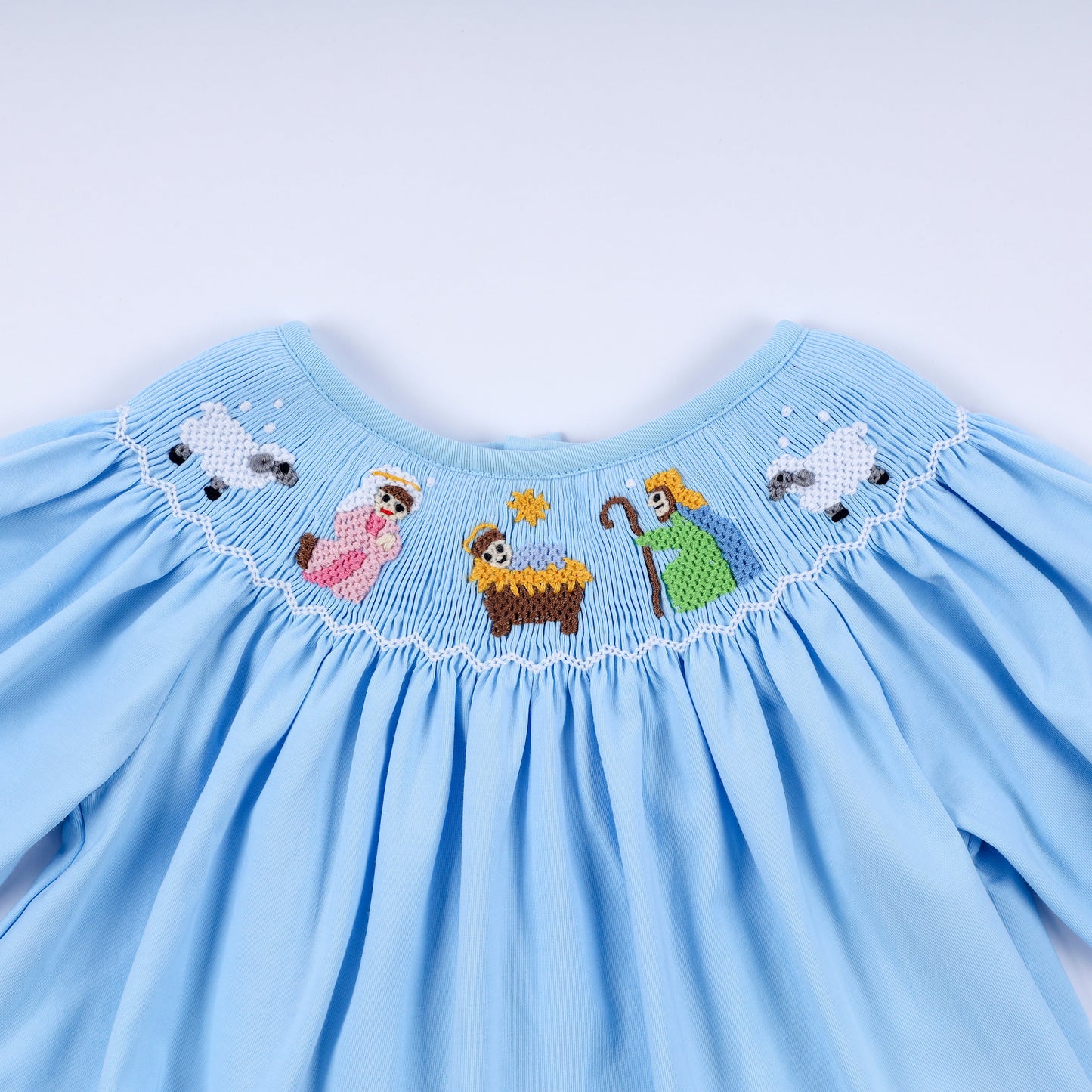 Blue nativity hand smocked bloomer set