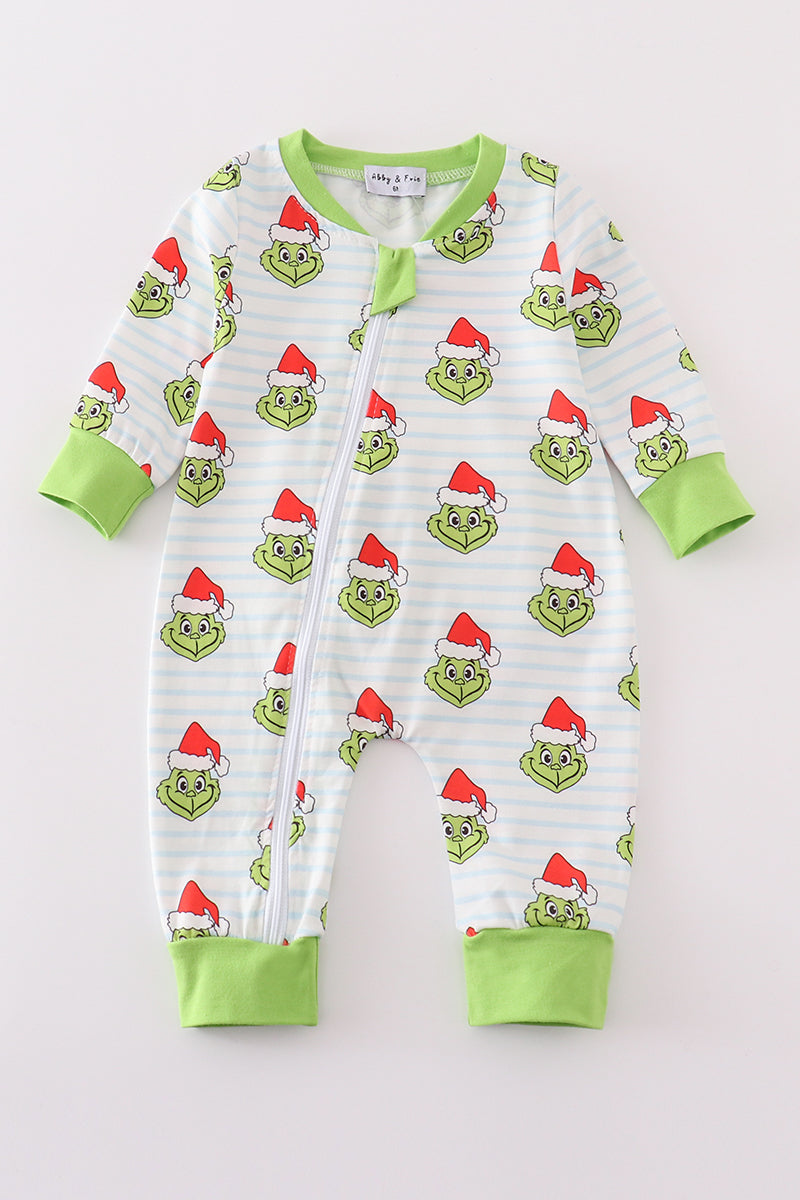 Green striped grinch print Zipper boy romper