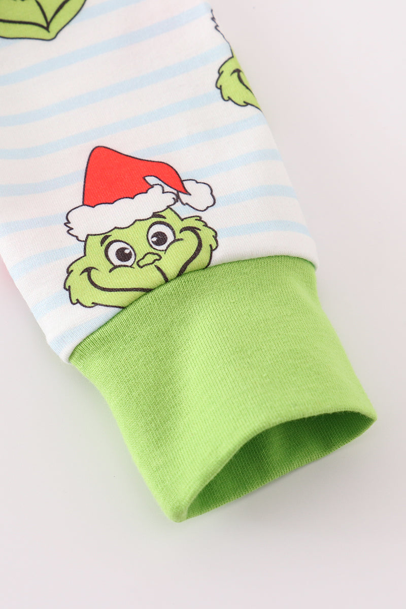 Green striped grinch print Zipper boy romper