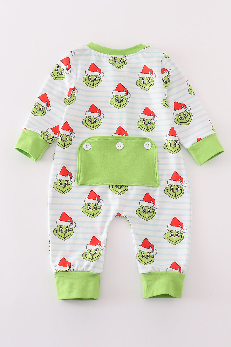 Green striped grinch print Zipper boy romper