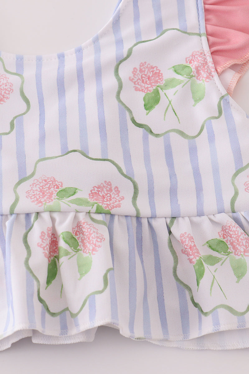Floral stripe ruffle 2pc swimsuit UPF50+