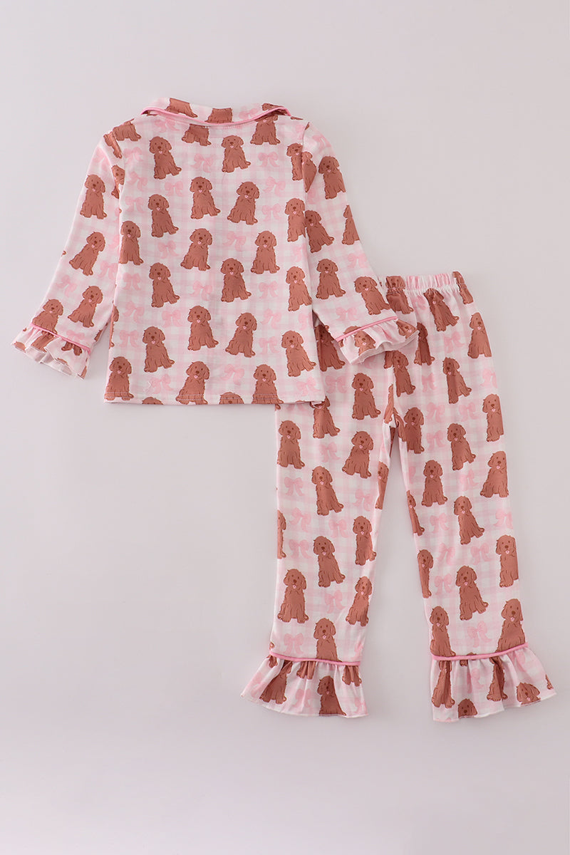 Pink puppy bow print ruffle pajamas set