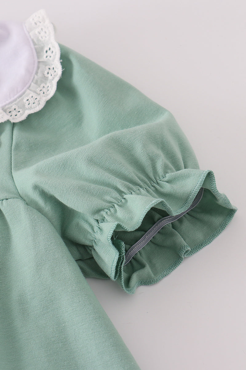 Green pumpkin bow embroidery ruffle pants set