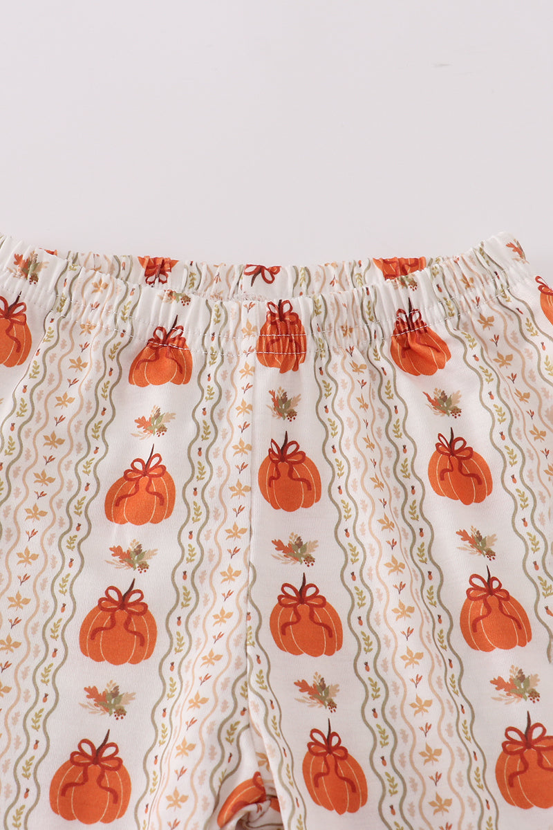 Green pumpkin bow embroidery ruffle pants set