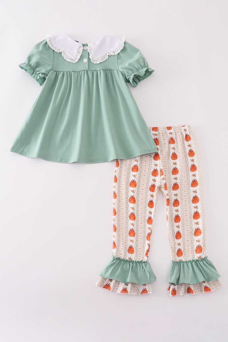 Green pumpkin bow embroidery ruffle pants set