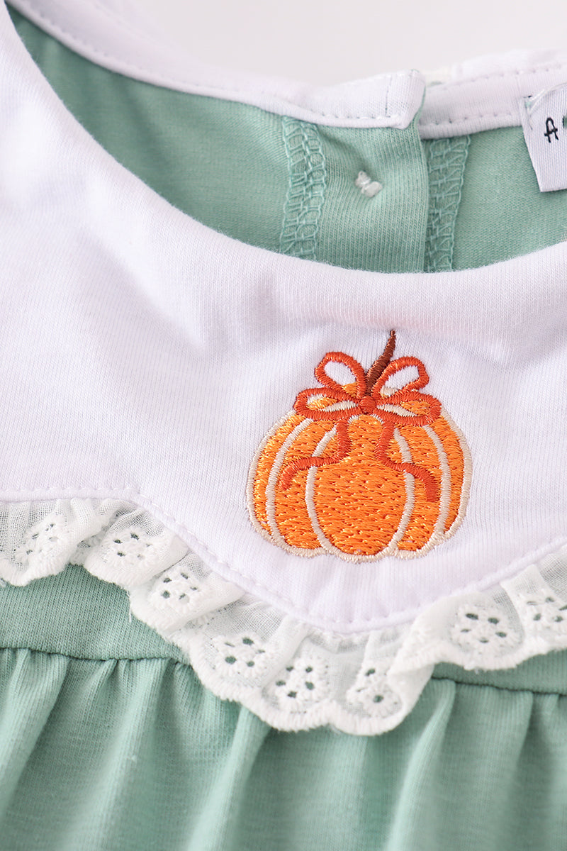 Green pumpkin bow embroidery ruffle pants set