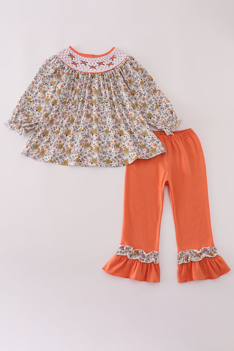 Floral embroidery smocked ruffle pants set
