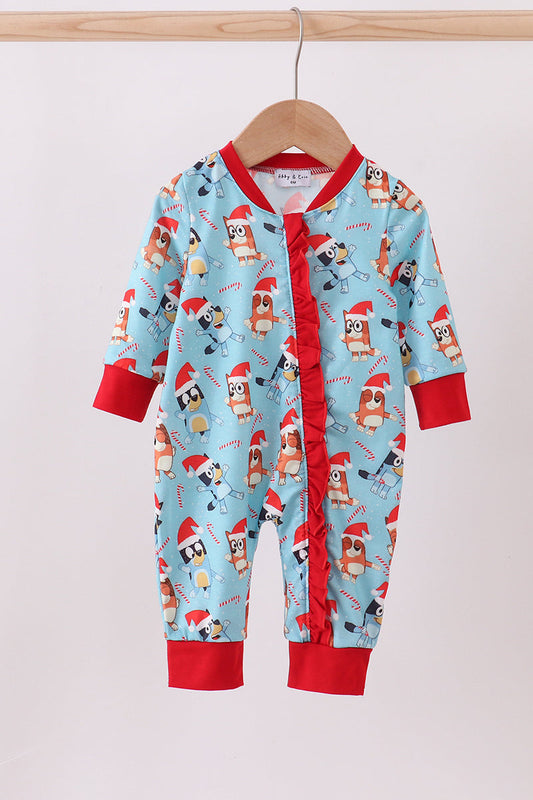Blue christmas character print ruffle romper