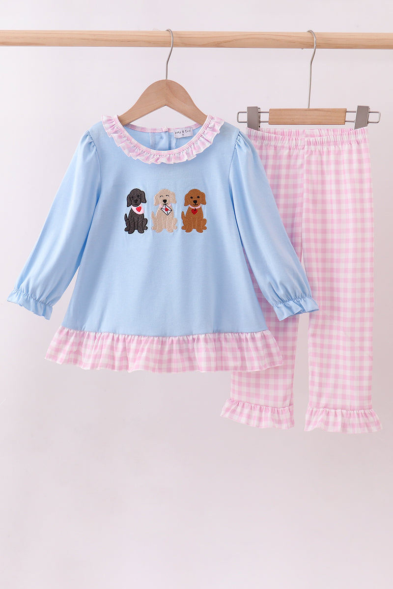 Blue puppy embroidery ruffle pants set