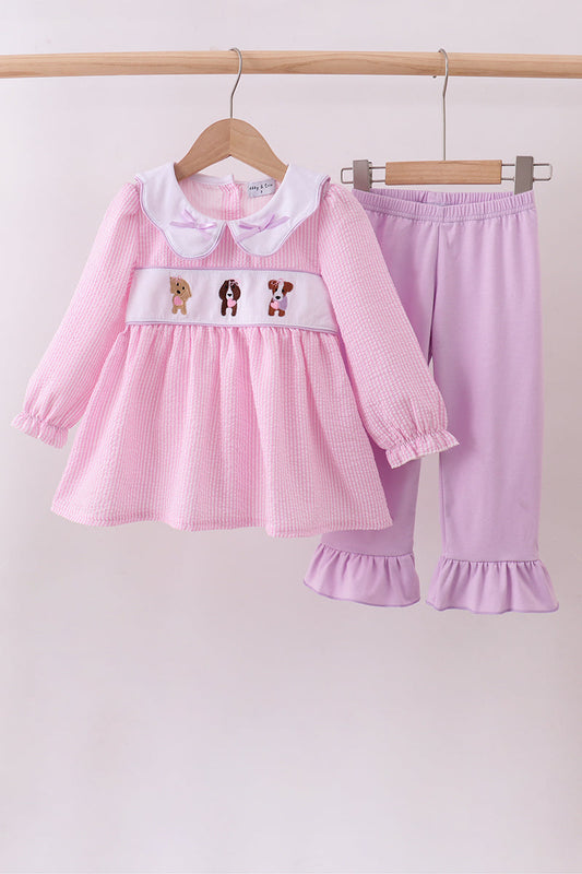 Pink puppy embroidery seersucker ruffle pants set