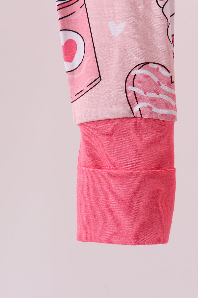 Pink heart print bamboo pajama ruffle zipper romper