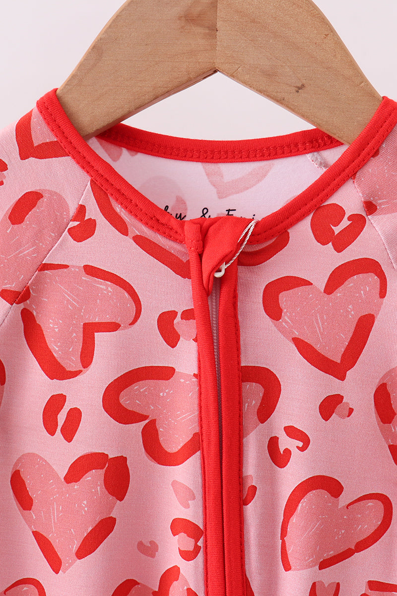 Red heart print bamboo zipper romper