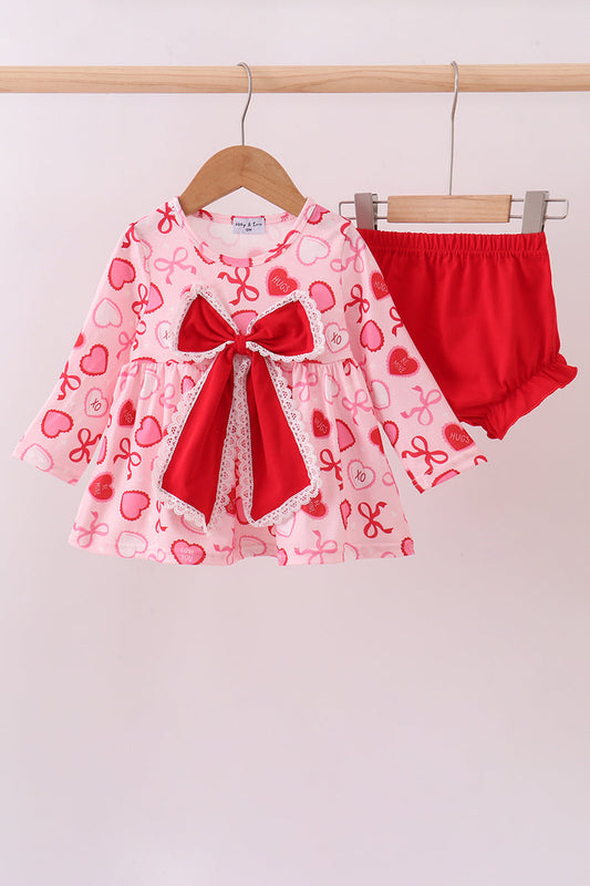 Red heart bow print bloomer set