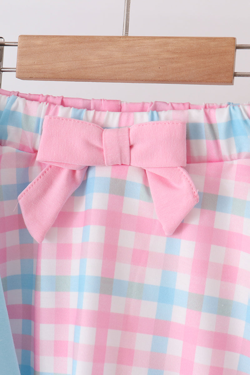 Blue bow french knot plaid skorts set