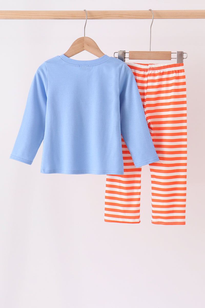 Blue pumpkin applique stripe pants set