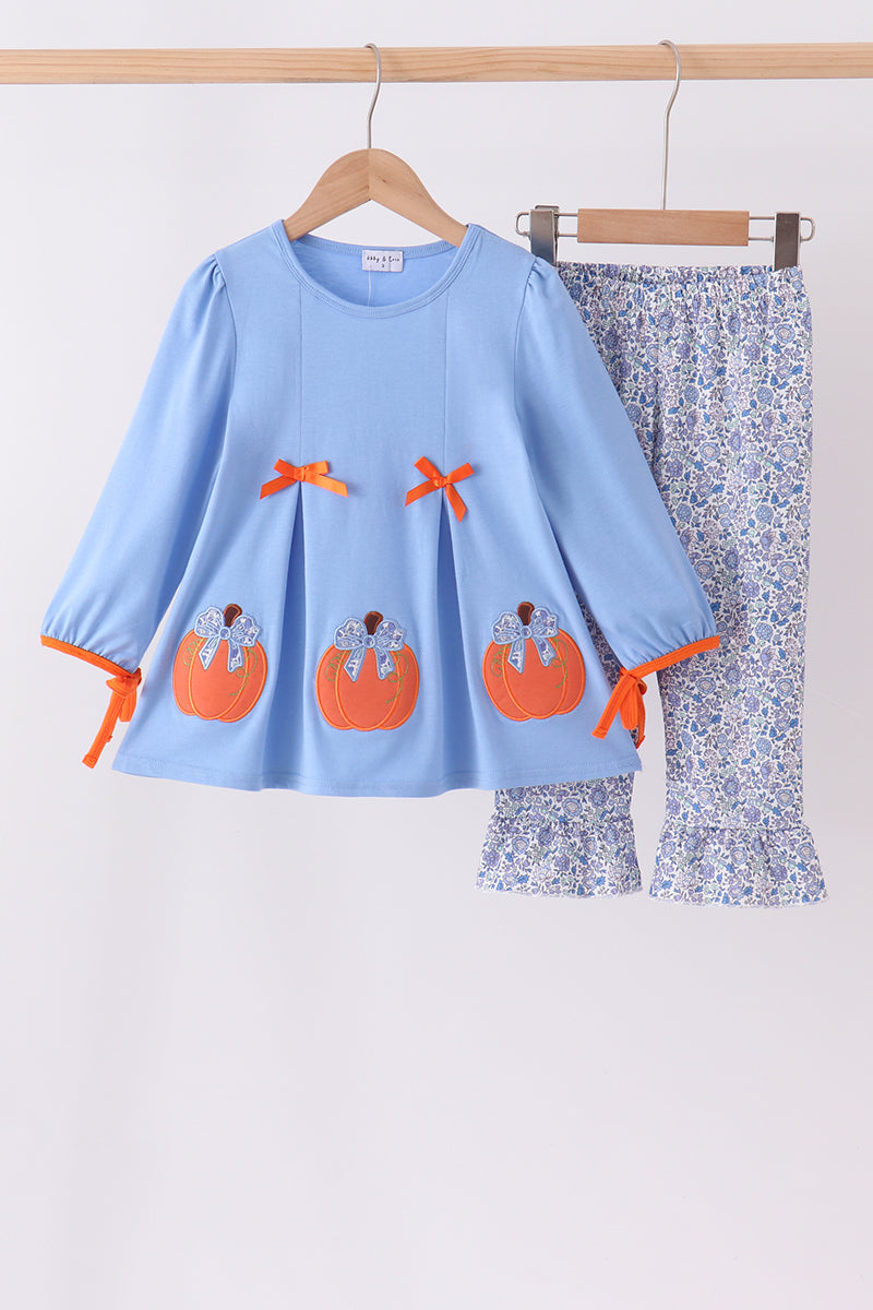 Blue pumpkin applique ruffle pants set